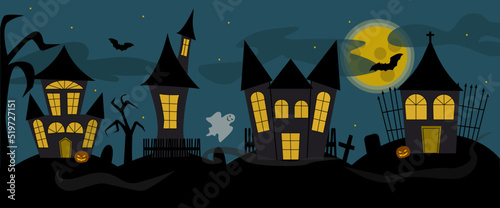 Halloween scary street with witch houses and evil pumpkins, bats and full moon