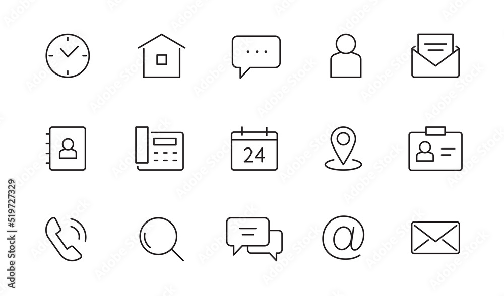 Contact, address line icon set. Mail, telephone adress, message symbol for website button. Editable stroke thin line design icon set. Vector illustration. Contact, address line icon set. Mail, telephone adress, message symbol for website button. Editable stroke thin line design icon set. Vector illustration.