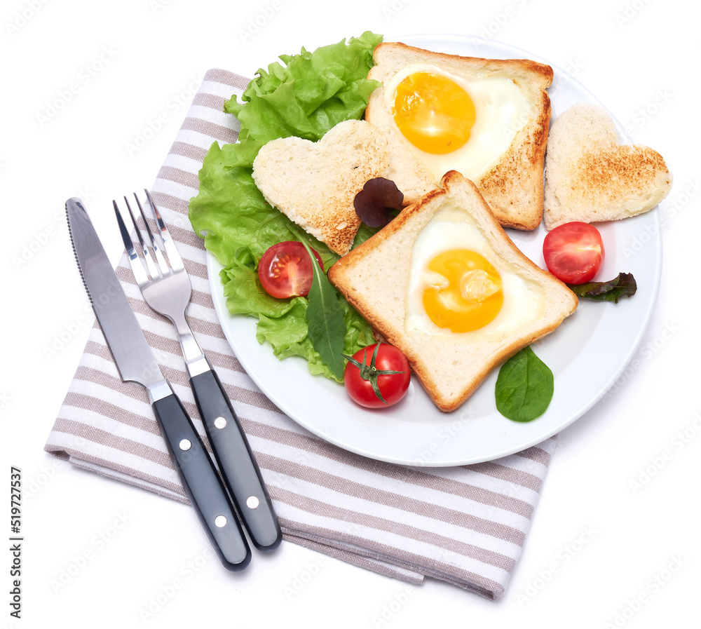 Fried Egg on Toast Bread isolated on white background