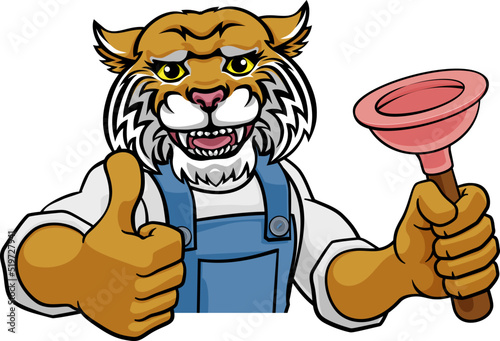 Wildcat Plumber Cartoon Mascot Holding Plunger