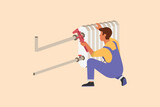 Business flat cartoon style drawing plumber repair or installation of batteries. Repairman fixing pipes in heater battery radiator. Maintenance professional service. Graphic design vector illustration