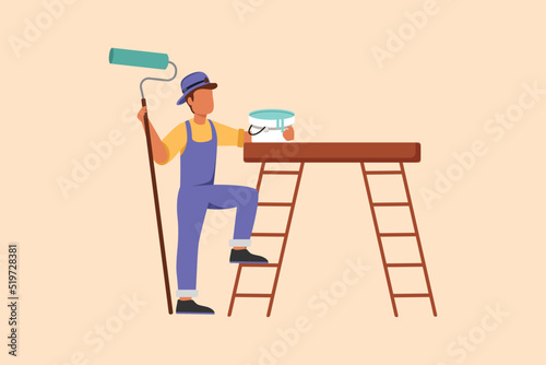 Business flat cartoon style drawing repairman painter in overalls standing with painting roller brush, bucket, ladder. Room painter. Handyman. Construction worker. Graphic design vector illustration