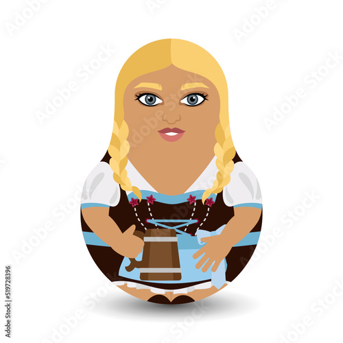 German. A woman with two braids in a dirndl costume, holding a wooden mug with German beer in her hand. Designer tilting toy. Modern kawaii dolls for your business project. Flat vector.