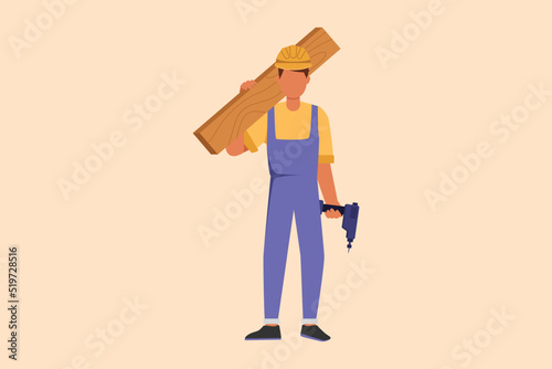 Business design drawing timber frame house construction worker. Repairman standing with board, tool box, and drill. Building, construction, repair work services. Flat cartoon style vector illustration