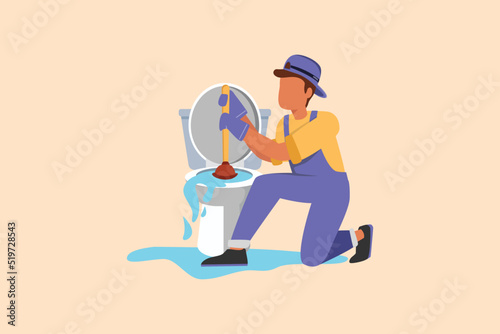 Business flat cartoon style drawing toilet cleaning, plumbing service. Plumbing toilet leakage, clogging, plumber repair tools. Sewage system. Toilet bowl and sewer. Graphic design vector illustration