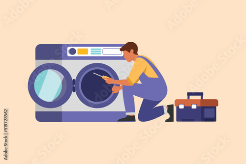 Business design drawing professional repairman fixing washing machine at home. Plumbing specialist with toolbox, fixing or repairing washer for business laundry. Flat cartoon style vector illustration