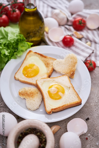 Fried Egg on Toast Bread on concrete table for Breakfast
