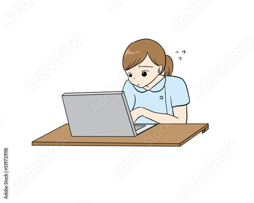 パソコンで必死に仕事をする看護師のイラスト