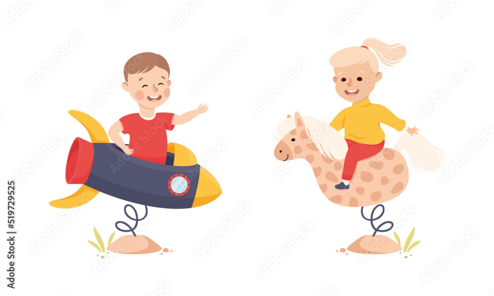 Smiling Girl and Boy on Rocket and Horse Ride Playing and Having Fun Vector Set Smiling Girl and Boy on Rocket and Horse Ride Playing and Having Fun Vector Set