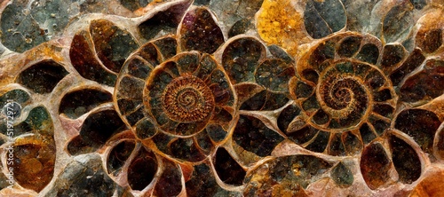 Rustic autumn hues spiral ammonite fossil embedded in rock  surrounded by pebbles and chips of jasper  quartz and amber. Decorative modern prehistoric art. 