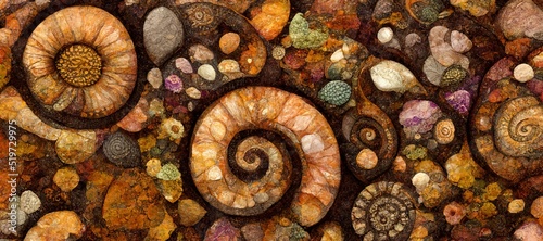 Rustic autumn hues spiral ammonite fossil embedded in rock, surrounded by pebbles and chips of jasper, quartz and amber. Decorative modern prehistoric art.  photo