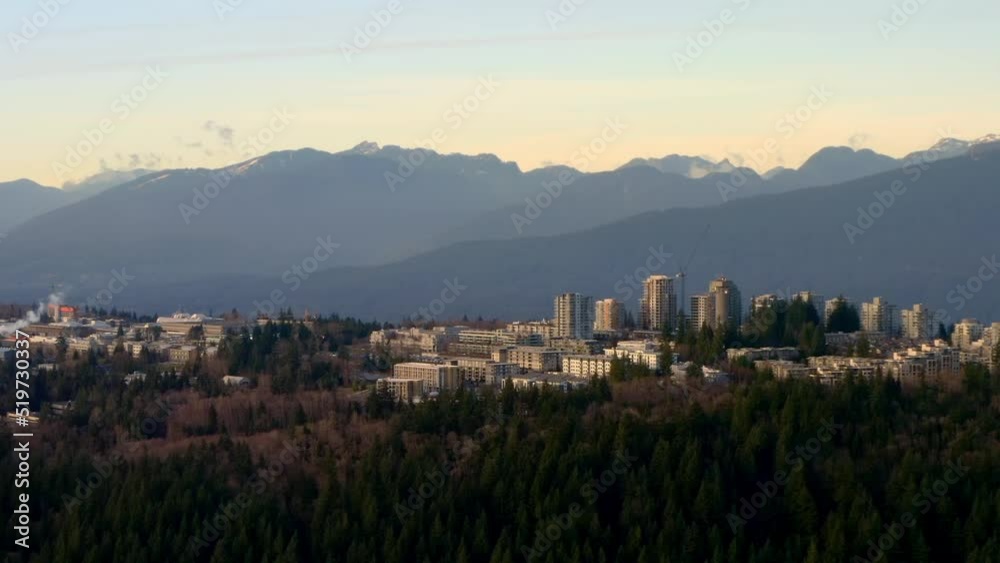 SFU Burnaby Campus On Deep Woodland Around Burnaby Height In British Columbia, Canada. Aerial Wide Shot SFU Burnaby Campus On Deep Woodland Around Burnaby Height In British Columbia, Canada. Aerial Wide Shot