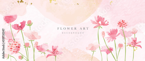 Spring floral in watercolor vector background. Luxury flower wallpaper design with pink flowers, garden, golden texture. Elegant gold botanical illustration suitable for fabric, prints, cover.