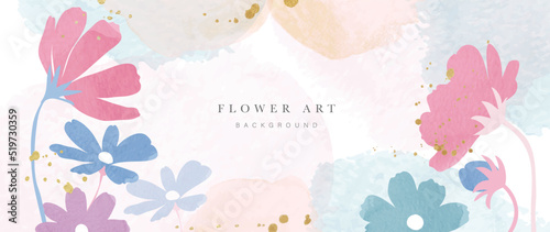 Spring floral in watercolor vector background. Luxury flower wallpaper design with pink, purple, blue flowers, golden texture. Elegant gold botanical illustration suitable for fabric, prints, cover.