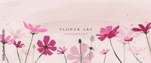 Spring floral in watercolor vector background. Flower garden wallpaper design with pink flowers, garden, line art. Blossom botanical illustration suitable for fabric, prints, cover.