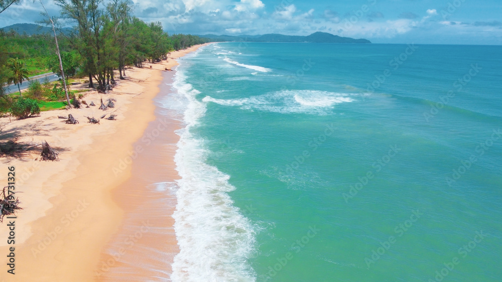 An aerial view of the beautiful sea and beaches of Phuket Island. Phuket and Thailand tourism concept