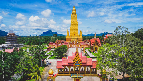 An aerial view of a large temple in Thailand that is beautiful and is a very popular tourist destination. Wat Bang Tong  Krabi Province  Thailand