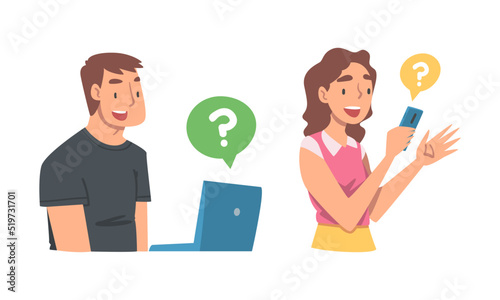 Young Man and Woman Character Asking Question Using Internet Search System on Smartphone and Laptop Vector Set