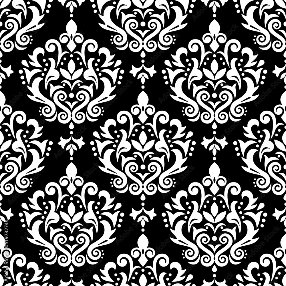 Damask elegant vector seamless pattern, victorian textile or fabric print design with flowers, swirls and leaves in white on black
Print
