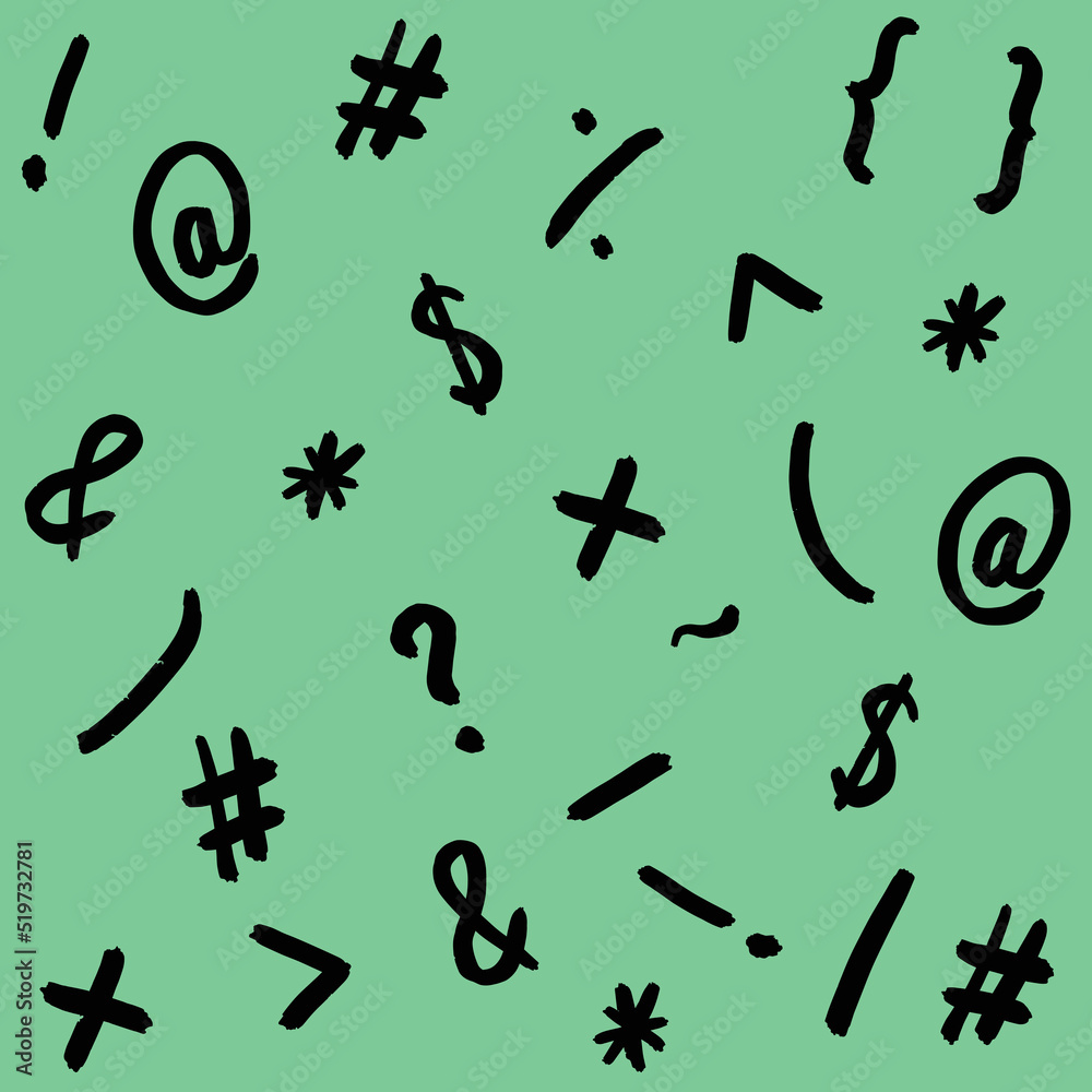 pattern with the image of keyboard symbols. Punctuation marks. Template for applying to the surface. pastel green background. Square image. pattern with the image of keyboard symbols. Punctuation marks. Template for applying to the surface. pastel green background. Square image.