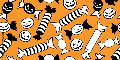 Vector seamless pattern of candy in different wrappers in Halloween style. Trick or treat. Bright texture for holiday design, decoration, wrapping paper
