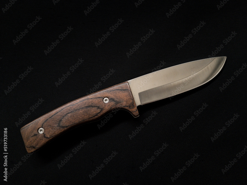 Full tang stainless steel bowie knife with wooden scale on a black background - obrazy, fototapety, plakaty 