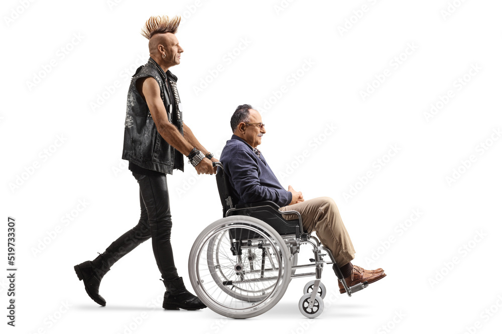 Obraz premium Punk pushing a mature man in a wheelchair