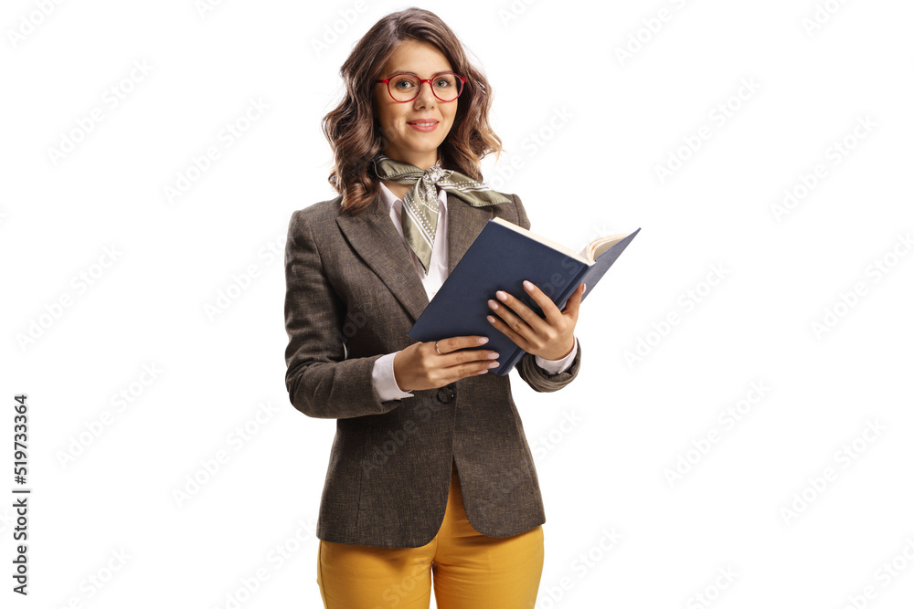 Young woman holding an open book and looking at camera Young woman holding an open book and looking at camera