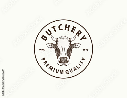 Vintage butchery logo template with handdrawn cow head