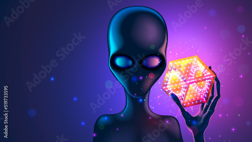 Alien face without mouth telepathically transmits knowledge. Sci-fi alien with big eyes holds crystal growing cube in hand with long fingers. Realistic portrait of wise alien showing map of universe.