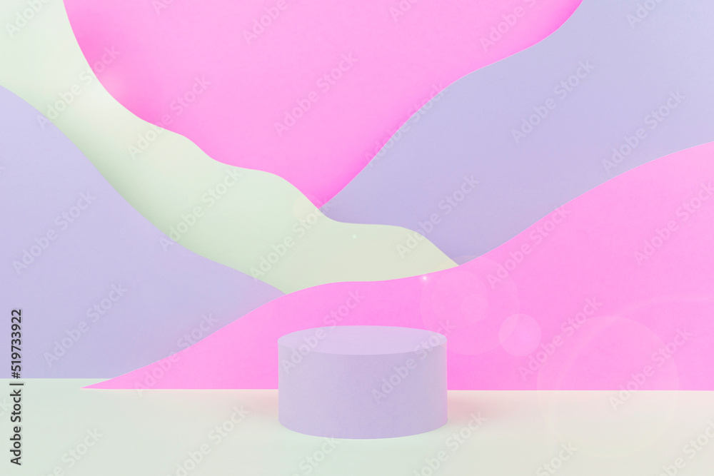 Fantasy cartoon abstract scene mockup with round podium, mountain landscape - pink, lilac, white color slopes, sun blinks. Template for advertising, presentation cosmetic, goods, advertising.