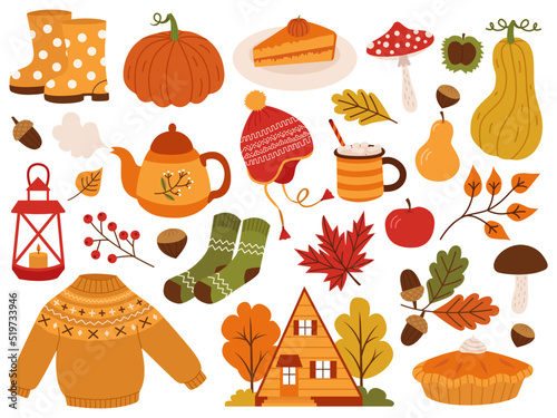 Autumn bundle of cute and cozy design elements. Set of  pumpkins, sweater, socks, knit cap, cacao, mushrooms, leaves and acorns. Colored flat vector illustration isolated on white background.