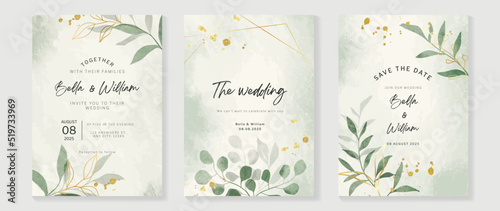 Luxury botanical wedding invitation card template. Watercolor card with gold line art, eucalyptus, leaves branches, foliage. Elegant blossom vector design suitable for banner, cover, invitation. photo