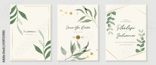Luxury botanical wedding invitation card template. Watercolor card with gold line art  eucalyptus  leaves branches  foliage. Elegant blossom vector design suitable for banner  cover  invitation.