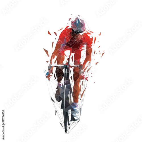 Road cycling, cyclist abstract low polygonal isolated vector illustration. Front view. Active people, geometric drawing from triangles