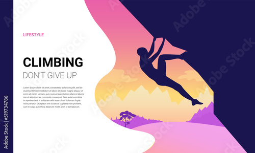 A silhouette of man climbing on rock, mountain at sunset. Adrenaline, strength, ambition. Landing page template. Vector illustration.