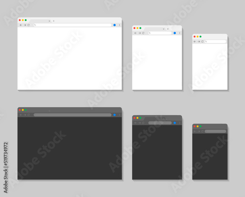 Browser window for laptop, mobile and tablet. Web mockup with menu and interface. Templates for internet, website and webpage. Dark and white screen on desktop. Vector
