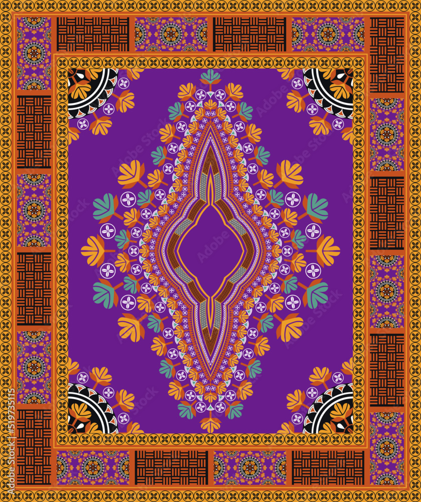 Vector ethnic African dashiki traditional colorful purple yellow flower pattern background. Tribal art shirts fashion. Neck embroidery ornaments. Stock Adobe Stock