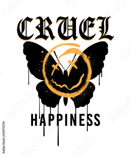 dripping butterfly silhouette , happy emoji icon in spray paint style with slogan