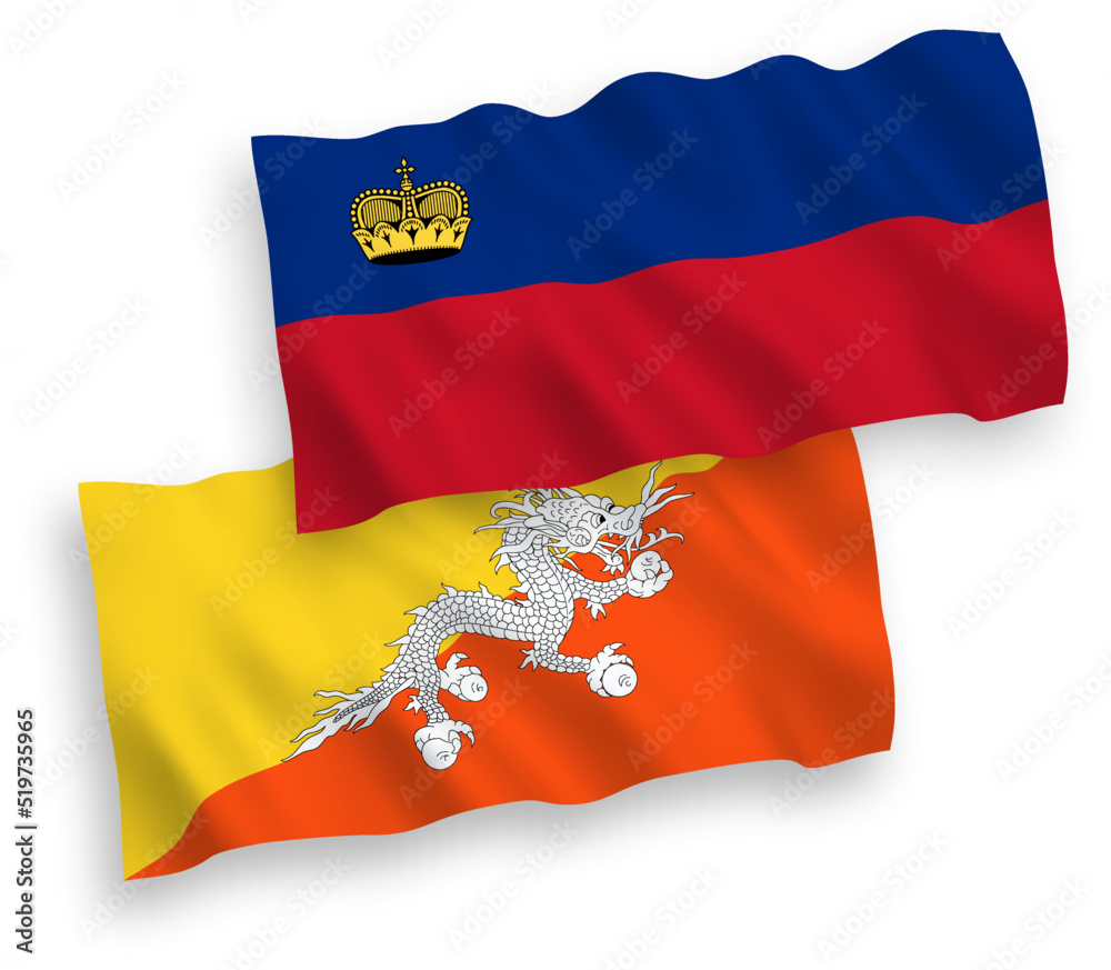 National vector fabric wave flags of Liechtenstein and Kingdom of Bhutan isolated on white background. 1 to 2 proportion. National vector fabric wave flags of Liechtenstein and Kingdom of Bhutan isolated on white background. 1 to 2 proportion.
