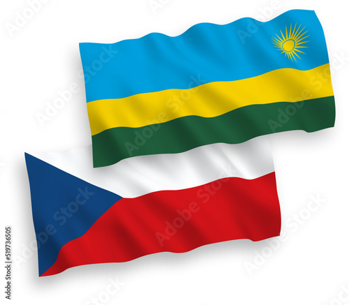 National vector fabric wave flags of Czech Republic and Republic of Rwanda isolated on white background. 1 to 2 proportion.