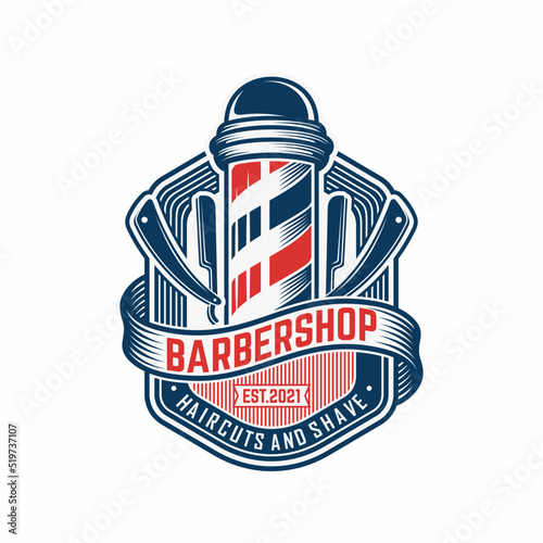 Vector vintage barber shop logo for your design. For Label, Badge, Sign or Advertising. Hipster Man, Hairdresser Logo.