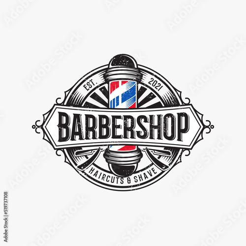 Vector vintage barber shop logo for your design. For Label, Badge, Sign or Advertising. Hipster Man, Hairdresser Logo.