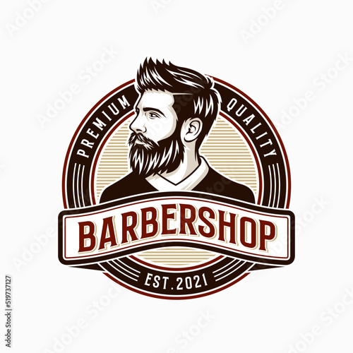 Vector vintage barber shop logo for your design. For Label, Badge, Sign or Advertising. Hipster Man, Hairdresser Logo.