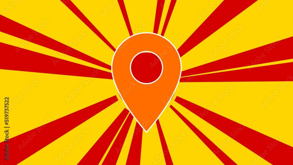 Location symbol on the background of animation from moving rays of the sun. Large orange symbol increases slightly. Seamless looped 4k animation on yellow background