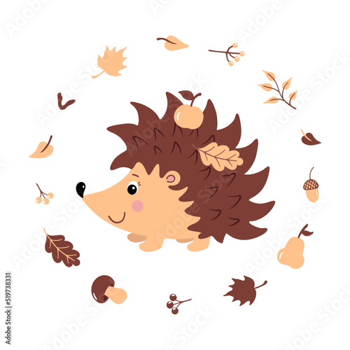 Cute hedgehog carries apple on his back. Autumn card with cartoon animal inside frame of autumn gifts: fruits, pear, berries, leaves, mushroom, seed, acorn. Flat vector illustration. 