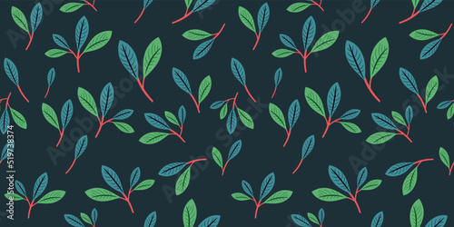Seamless pattern with plant leaves, tree branches with foliage on a dark background. Botanical print in a simple hand-drawn style. Vector illustration for prints, textiles, clothing design, interior