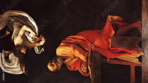 St. Matthew and the angel. Caravaggio painting from the painting cycle for the Contarini Chapel. Animation. art history. animated picture art photo