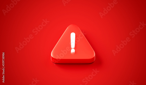 Exclamation mark 3d icon on red attention background with message button danger symbol or alert caution triangle shape sign and important notification error warning stop alarm problem security notice.