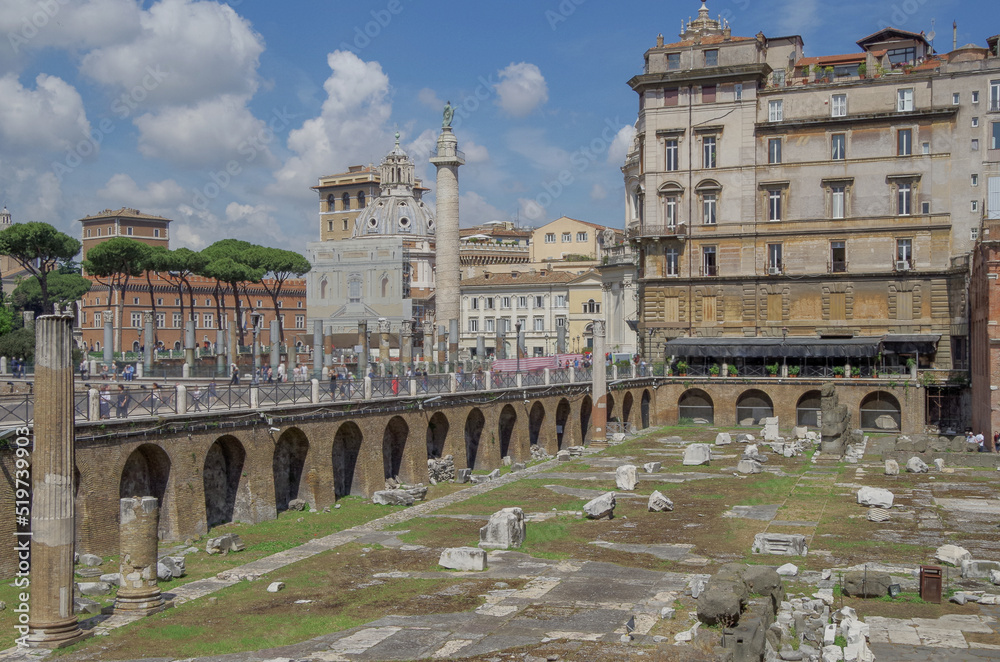 Ancient and historic temple ruins with columns and walls like open air museum Rome Roma excavation site in Italy with landmarks like Vatikan City St. Peter´s